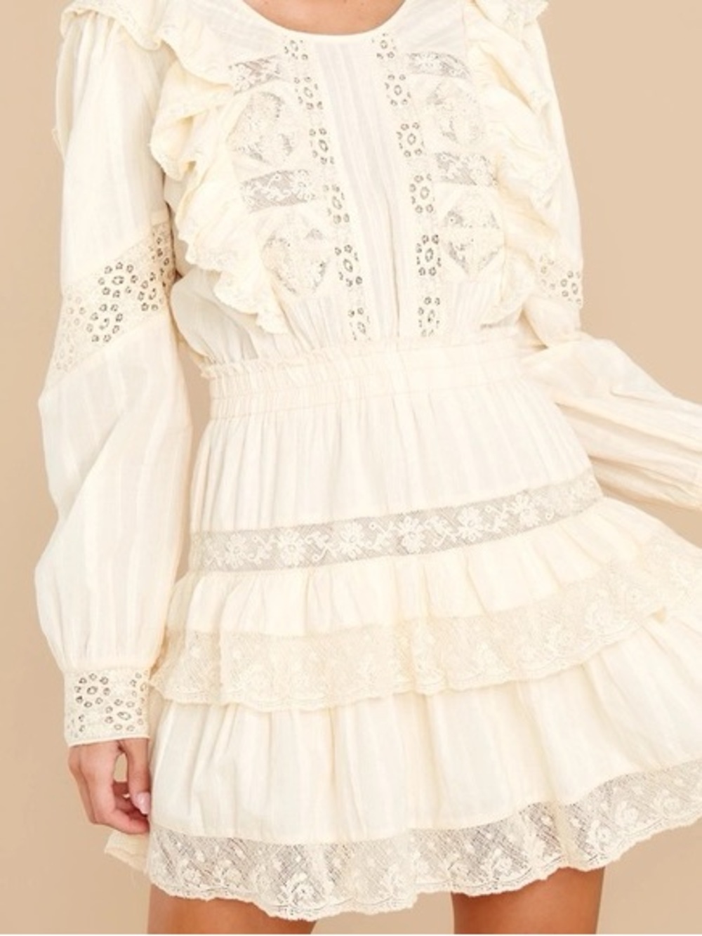 LoveShackFancy Cream Ruffled Lace Mini Dress